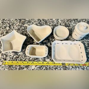 Longaberger 7 piece pottery, includes a spoon rest, star & heart shaped dishes